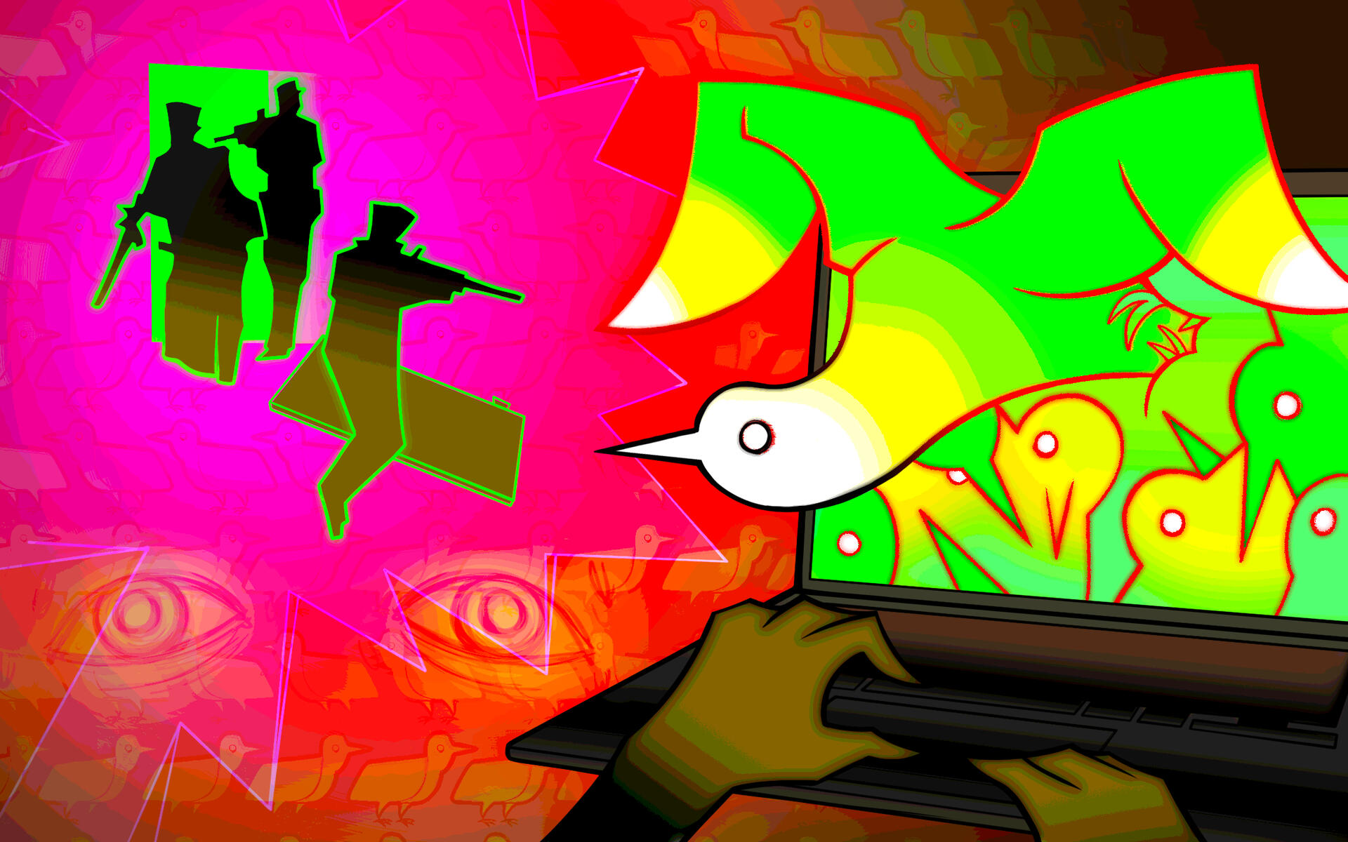 A highly saturated digital drawing from the point of view of a person sitting on a laptop. The palette is magenta, green, yellow and brown. Inside their screen is a moving mass of brightly coloured birds, all staring directly at the viewer. One of them is