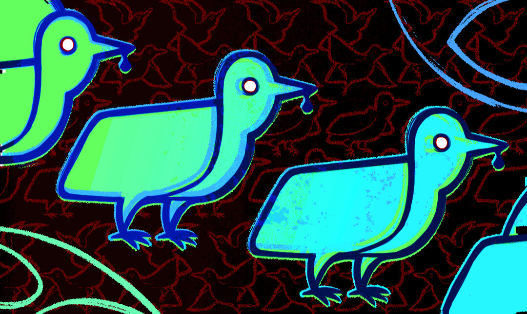 A heavily stylized drawing of a line of birds exiting from a portal. The birds have bloodshot eyes and have an unknown substance dripping from their beak. The birds are fluorescent blue and green, while the background consists of a pattern of blood-red bir